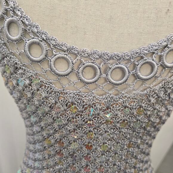 Women's Hand Crochet Sequin Sparkly Gown Shawl Silver S Formal Elegant DiscoLuxe - Picture 6 of 16